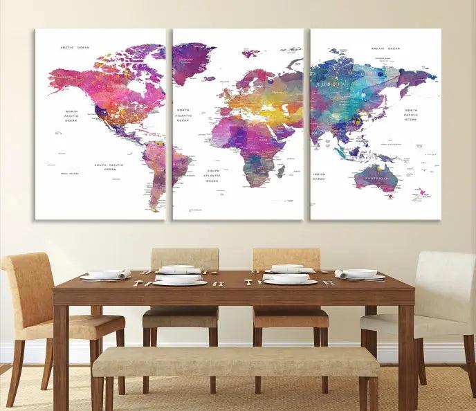 The World Map Wall Art Canvas Print features a vivid world map on museum-quality canvas and is divided into five panels with a UV-protective coating. It comes ready to hang for an instant enhancement of your space.