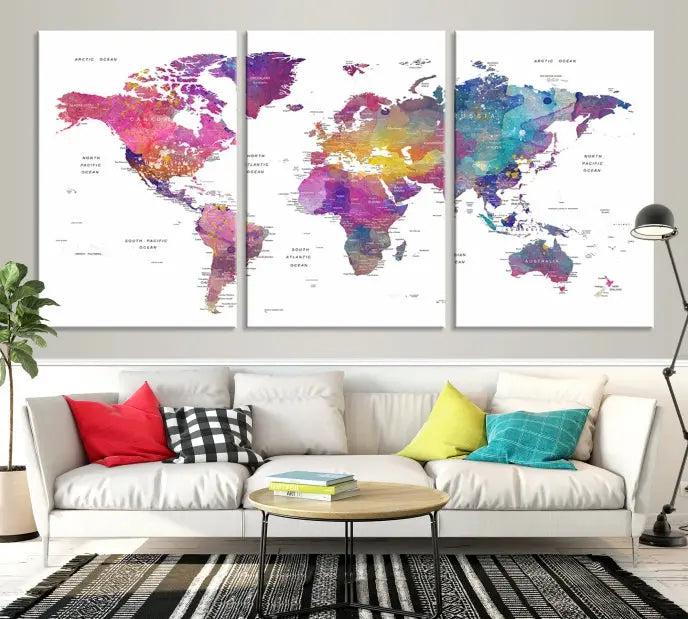 The World Map Wall Art Canvas Print features a vivid world map on museum-quality canvas and is divided into five panels with a UV-protective coating. It comes ready to hang for an instant enhancement of your space.