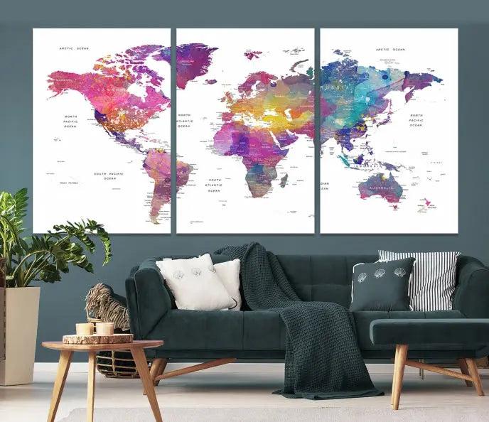 The World Map Wall Art Canvas Print features a vivid world map on museum-quality canvas and is divided into five panels with a UV-protective coating. It comes ready to hang for an instant enhancement of your space.