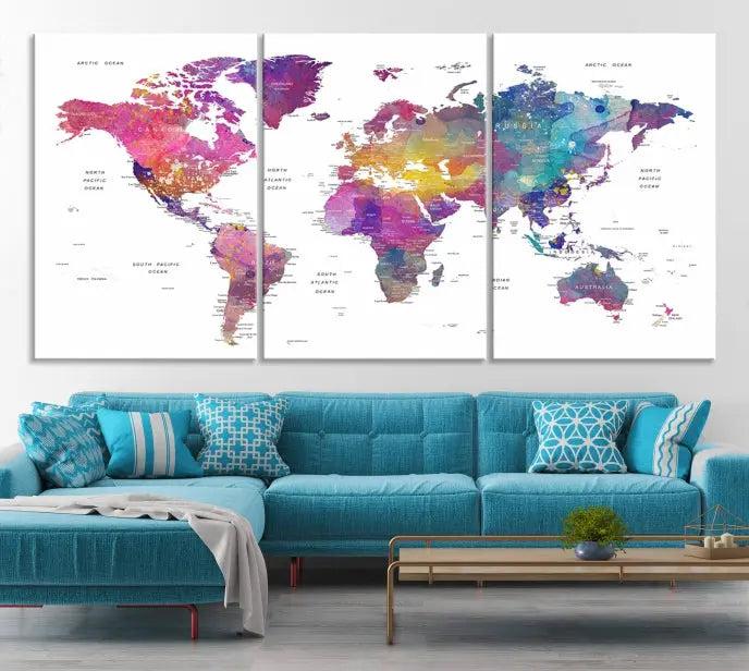 The World Map Wall Art Canvas Print features a vivid world map on museum-quality canvas and is divided into five panels with a UV-protective coating. It comes ready to hang for an instant enhancement of your space.