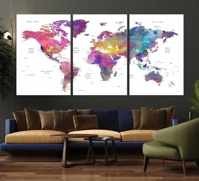 The World Map Wall Art Canvas Print features a vivid world map on museum-quality canvas and is divided into five panels with a UV-protective coating. It comes ready to hang for an instant enhancement of your space.