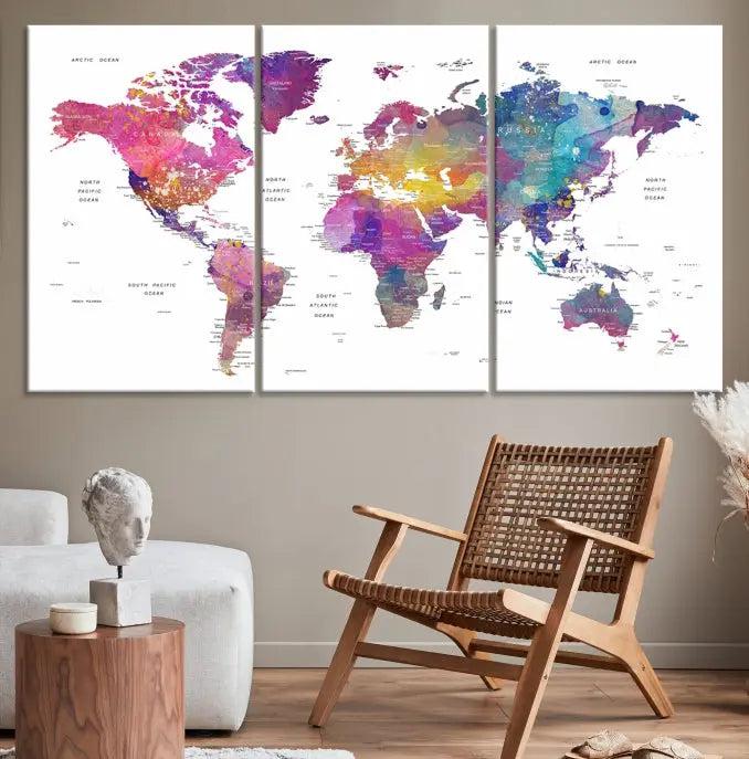 The World Map Wall Art Canvas Print features a vivid world map on museum-quality canvas and is divided into five panels with a UV-protective coating. It comes ready to hang for an instant enhancement of your space.