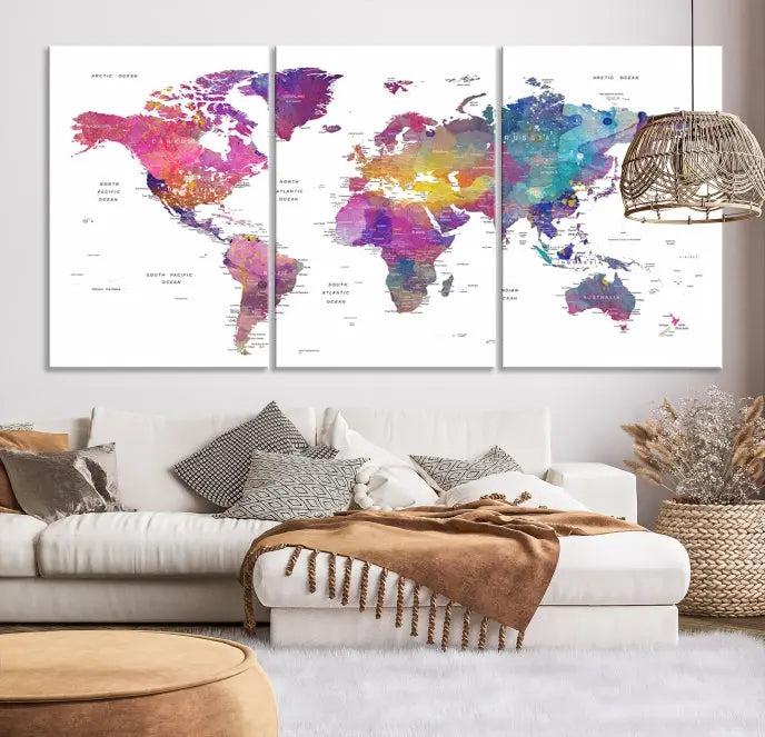 The World Map Wall Art Canvas Print features a vivid world map on museum-quality canvas and is divided into five panels with a UV-protective coating. It comes ready to hang for an instant enhancement of your space.