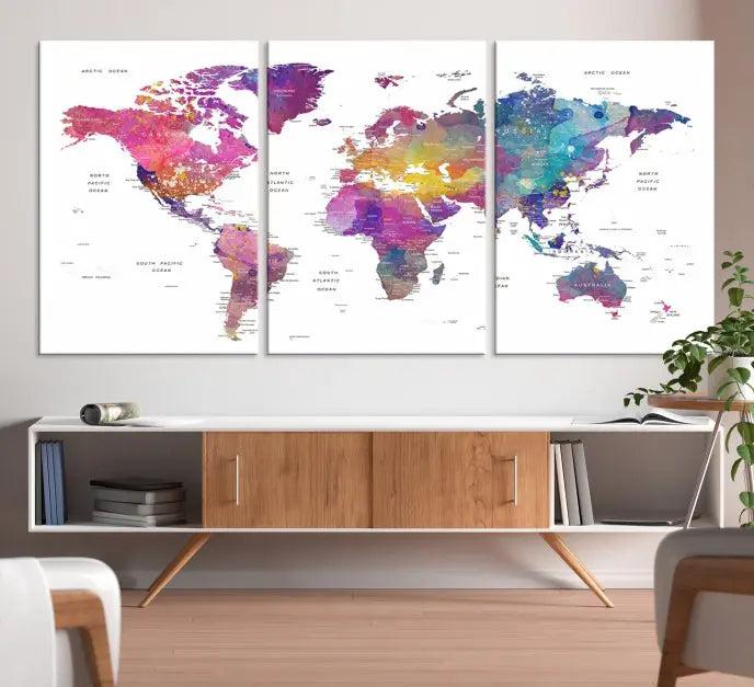 The World Map Wall Art Canvas Print features a vivid world map on museum-quality canvas and is divided into five panels with a UV-protective coating. It comes ready to hang for an instant enhancement of your space.