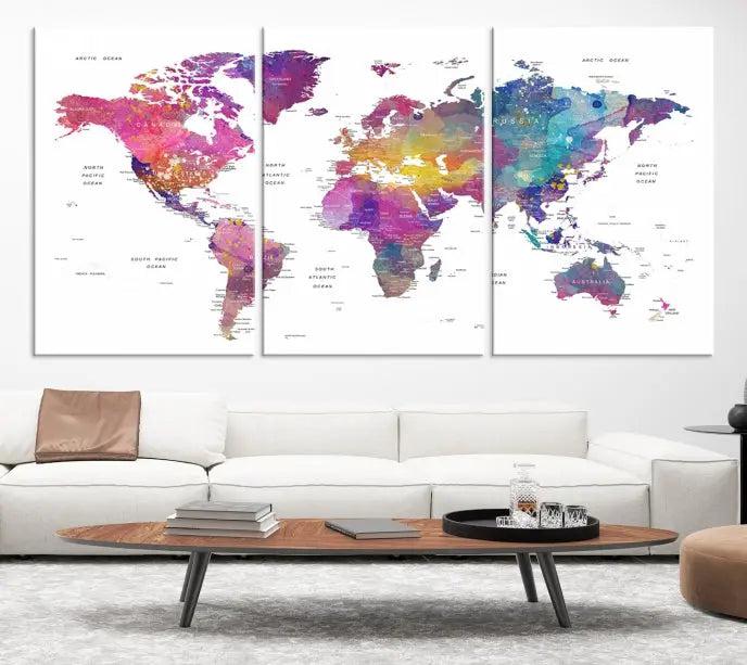 The World Map Wall Art Canvas Print features a vivid world map on museum-quality canvas and is divided into five panels with a UV-protective coating. It comes ready to hang for an instant enhancement of your space.