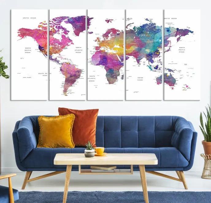 The World Map Wall Art Canvas Print features a vivid world map on museum-quality canvas and is divided into five panels with a UV-protective coating. It comes ready to hang for an instant enhancement of your space.