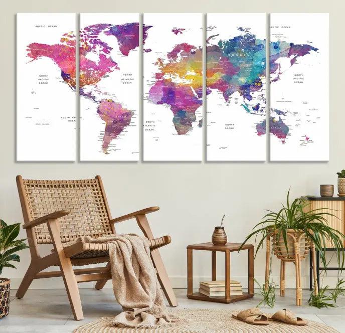 The World Map Wall Art Canvas Print features a vivid world map on museum-quality canvas and is divided into five panels with a UV-protective coating. It comes ready to hang for an instant enhancement of your space.