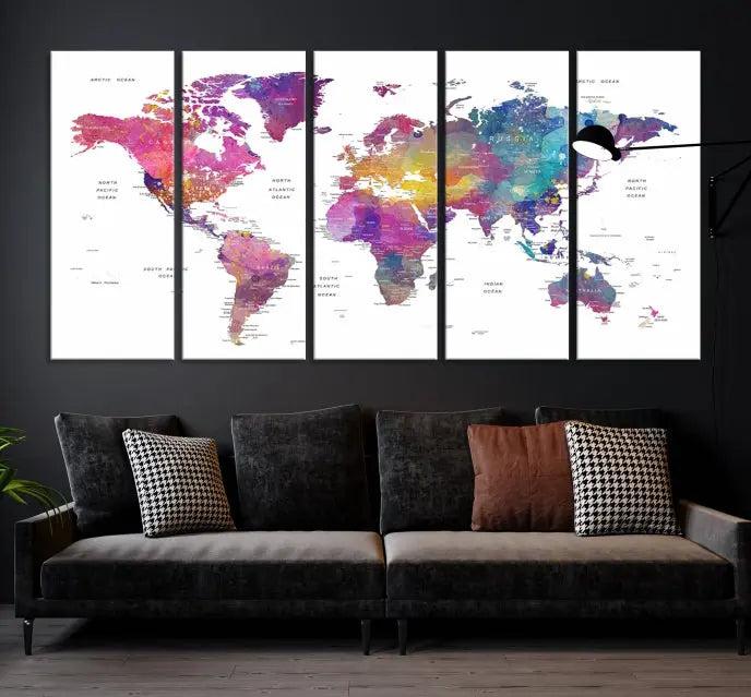 The World Map Wall Art Canvas Print features a vivid world map on museum-quality canvas and is divided into five panels with a UV-protective coating. It comes ready to hang for an instant enhancement of your space.