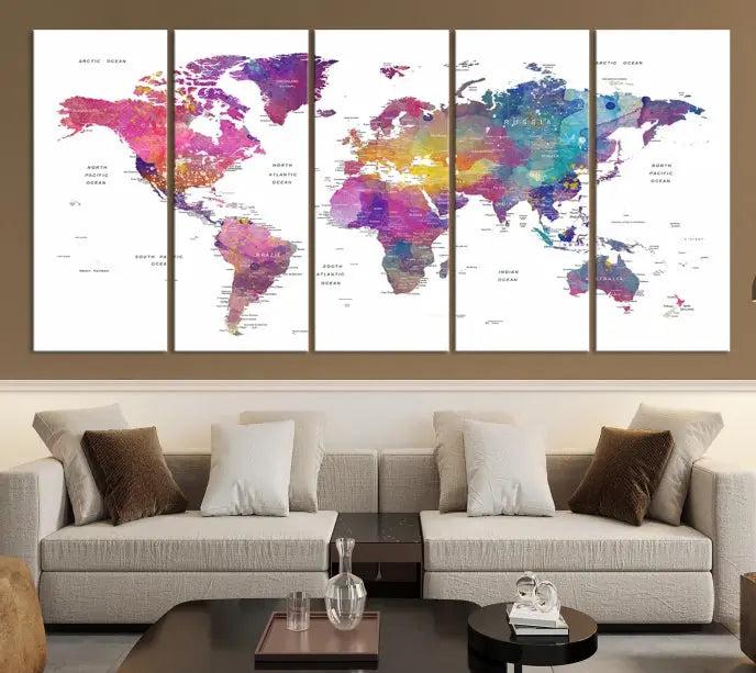 The World Map Wall Art Canvas Print features a vivid world map on museum-quality canvas and is divided into five panels with a UV-protective coating. It comes ready to hang for an instant enhancement of your space.