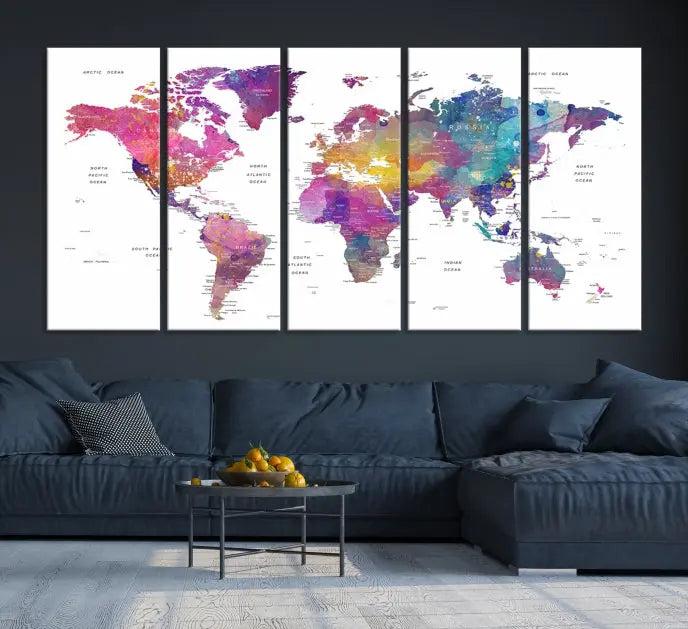 The World Map Wall Art Canvas Print features a vivid world map on museum-quality canvas and is divided into five panels with a UV-protective coating. It comes ready to hang for an instant enhancement of your space.