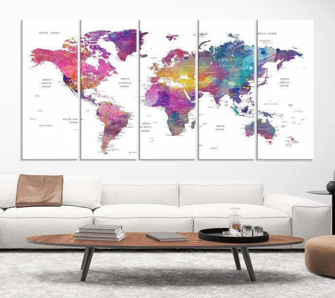 The World Map Wall Art Canvas Print features a vivid world map on museum-quality canvas and is divided into five panels with a UV-protective coating. It comes ready to hang for an instant enhancement of your space.