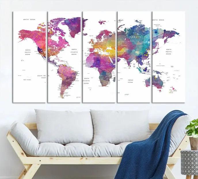 The World Map Wall Art Canvas Print features a vivid world map on museum-quality canvas and is divided into five panels with a UV-protective coating. It comes ready to hang for an instant enhancement of your space.