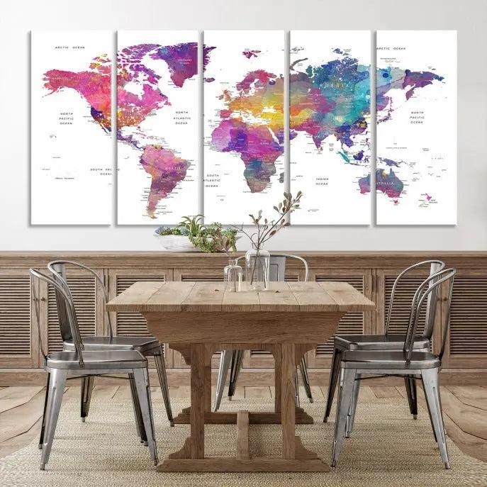 The World Map Wall Art Canvas Print features a vivid world map on museum-quality canvas and is divided into five panels with a UV-protective coating. It comes ready to hang for an instant enhancement of your space.