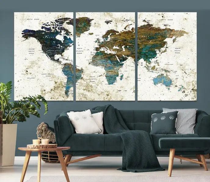 The living room showcases a World Map Wall Art Canvas Print, a stunning triptych on museum-quality canvas. This artistic piece, crafted by professional craftsmen, turns the space into an inviting haven.