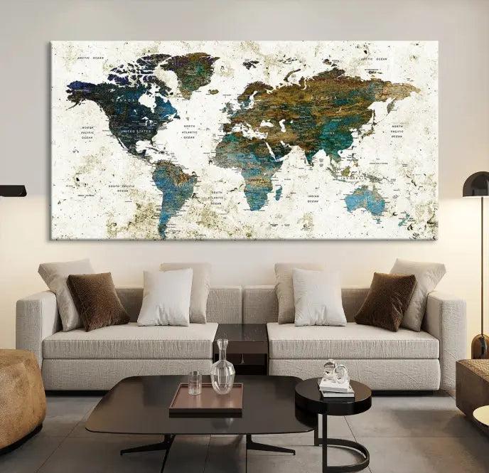 The living room showcases a World Map Wall Art Canvas Print, a stunning triptych on museum-quality canvas. This artistic piece, crafted by professional craftsmen, turns the space into an inviting haven.