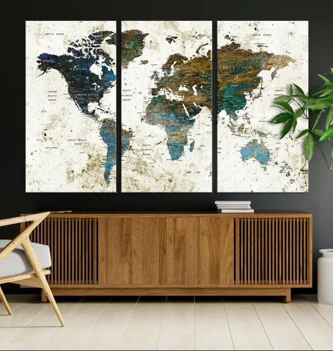 The living room showcases a World Map Wall Art Canvas Print, a stunning triptych on museum-quality canvas. This artistic piece, crafted by professional craftsmen, turns the space into an inviting haven.