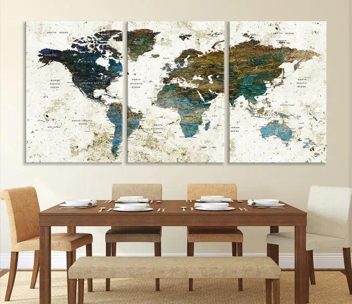 The living room showcases a World Map Wall Art Canvas Print, a stunning triptych on museum-quality canvas. This artistic piece, crafted by professional craftsmen, turns the space into an inviting haven.