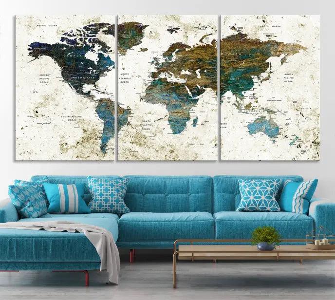 The living room showcases a World Map Wall Art Canvas Print, a stunning triptych on museum-quality canvas. This artistic piece, crafted by professional craftsmen, turns the space into an inviting haven.