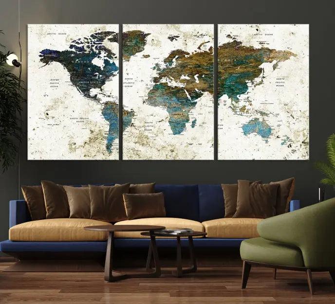 The living room showcases a World Map Wall Art Canvas Print, a stunning triptych on museum-quality canvas. This artistic piece, crafted by professional craftsmen, turns the space into an inviting haven.