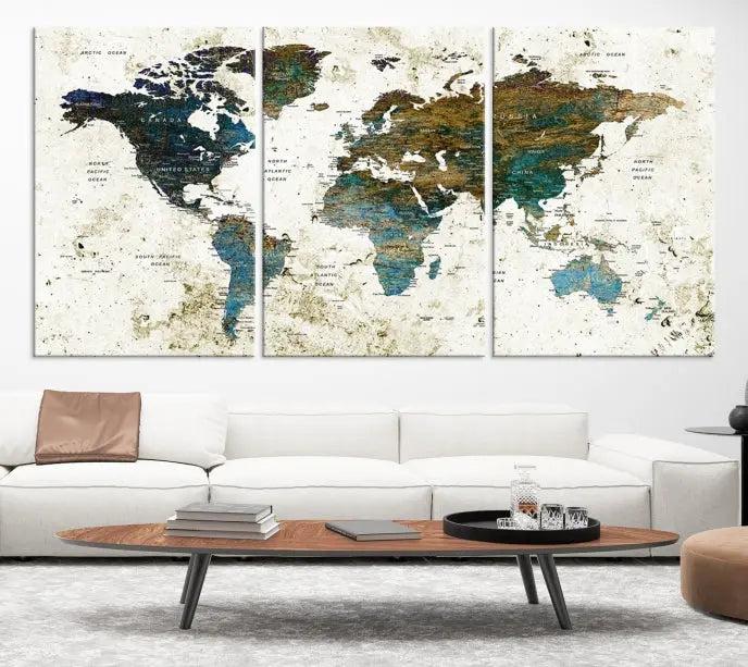 The living room showcases a World Map Wall Art Canvas Print, a stunning triptych on museum-quality canvas. This artistic piece, crafted by professional craftsmen, turns the space into an inviting haven.