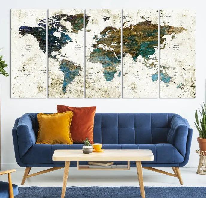 The living room showcases a World Map Wall Art Canvas Print, a stunning triptych on museum-quality canvas. This artistic piece, crafted by professional craftsmen, turns the space into an inviting haven.