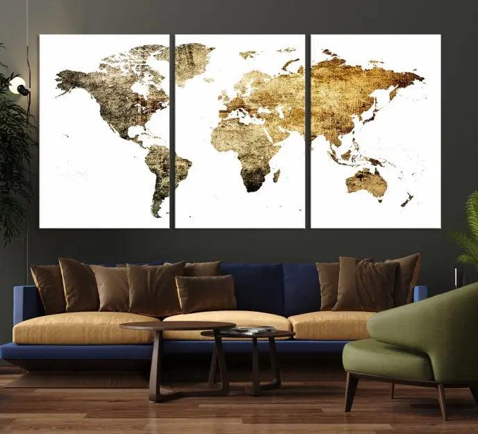 The World Map Wall Art Canvas Print is a triptych piece with a vintage texture crafted on museum-quality canvas and ready to hang.