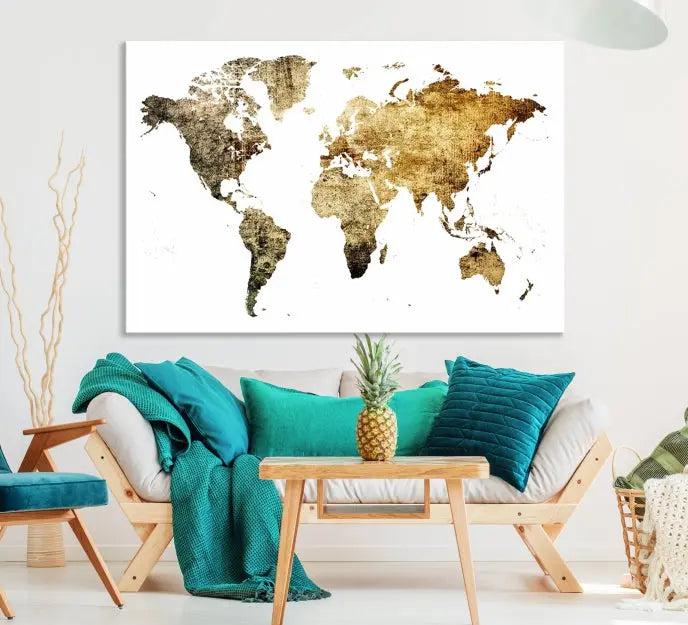 The World Map Wall Art Canvas Print is a triptych piece with a vintage texture crafted on museum-quality canvas and ready to hang.