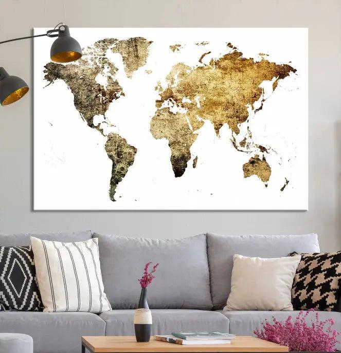 The World Map Wall Art Canvas Print is a triptych piece with a vintage texture crafted on museum-quality canvas and ready to hang.