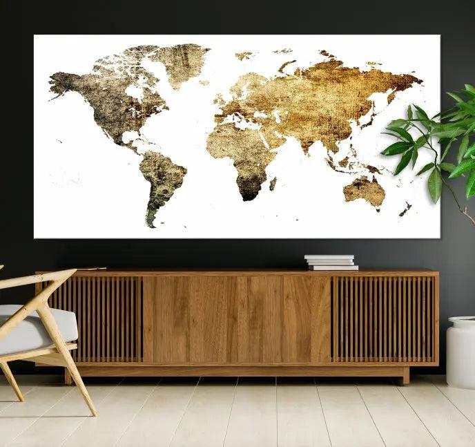 The World Map Wall Art Canvas Print is a triptych piece with a vintage texture crafted on museum-quality canvas and ready to hang.