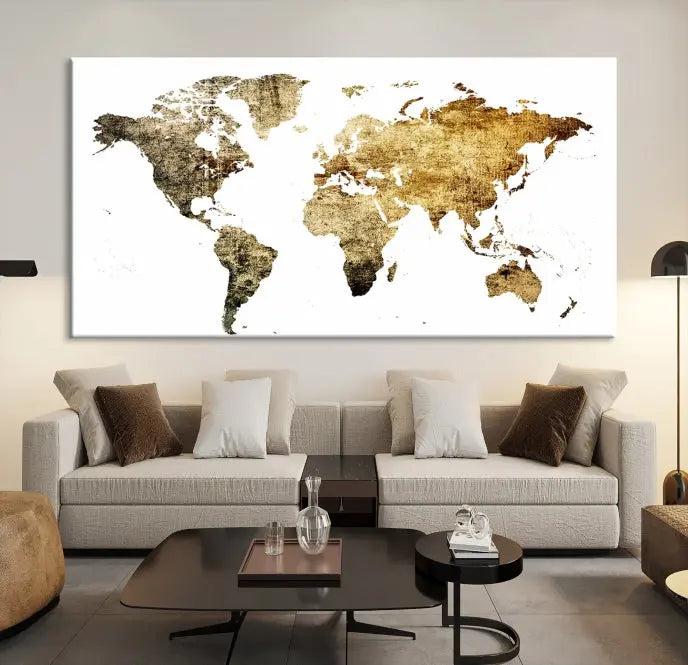 The World Map Wall Art Canvas Print is a triptych piece with a vintage texture crafted on museum-quality canvas and ready to hang.