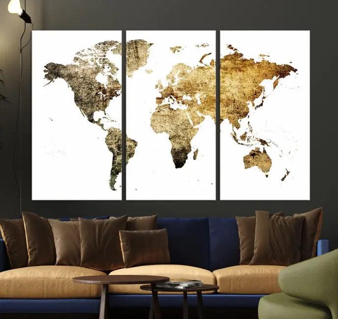 The World Map Wall Art Canvas Print is a triptych piece with a vintage texture crafted on museum-quality canvas and ready to hang.