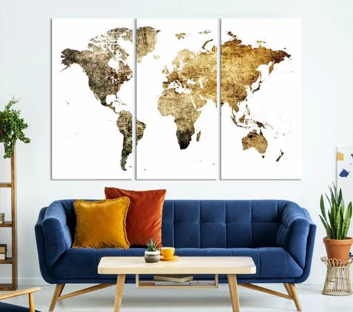 The World Map Wall Art Canvas Print is a triptych piece with a vintage texture crafted on museum-quality canvas and ready to hang.