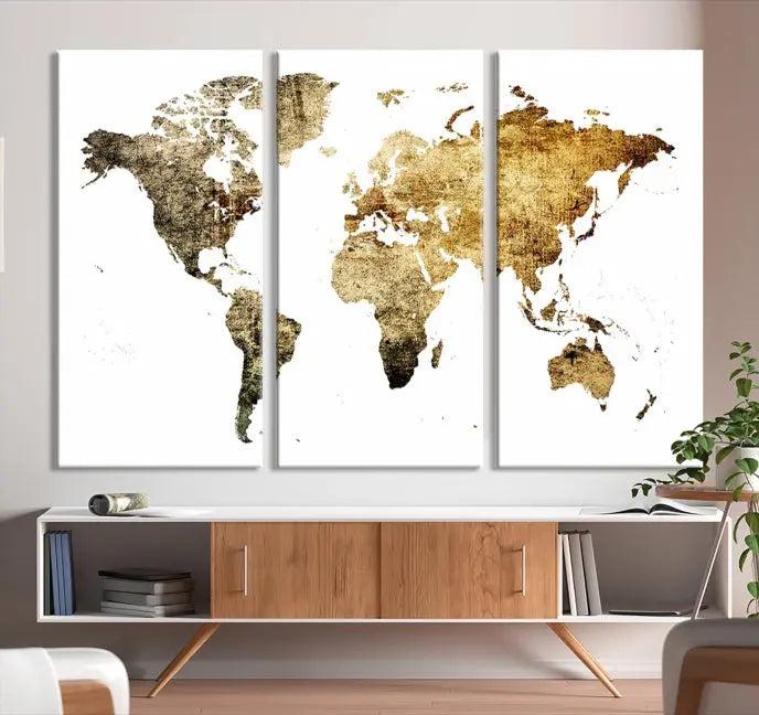 The World Map Wall Art Canvas Print is a triptych piece with a vintage texture crafted on museum-quality canvas and ready to hang.