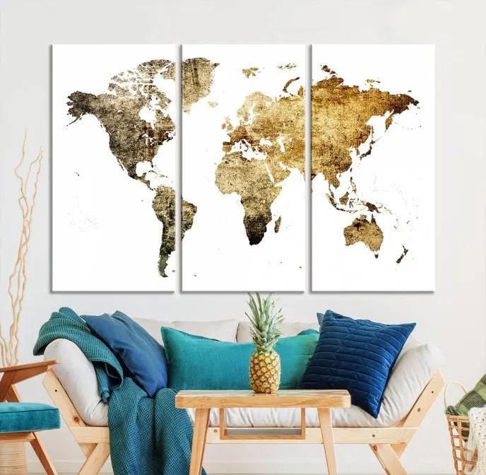 The World Map Wall Art Canvas Print is a triptych piece with a vintage texture crafted on museum-quality canvas and ready to hang.