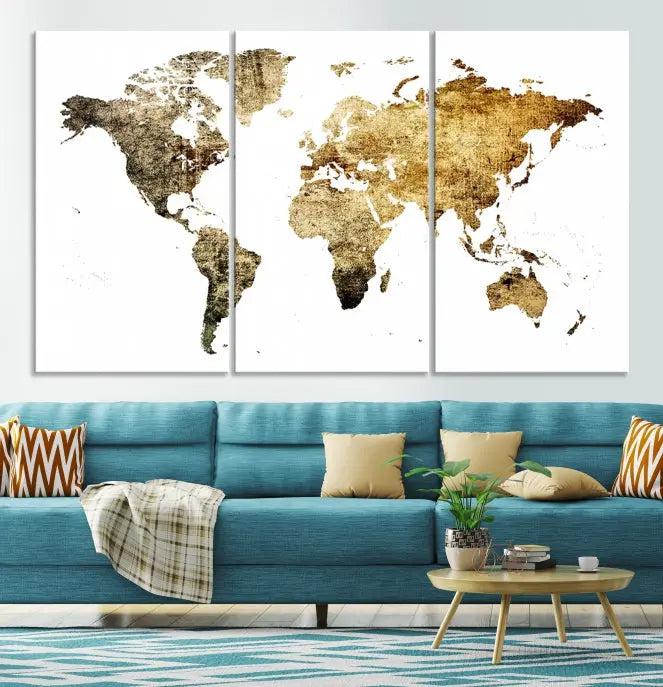 The World Map Wall Art Canvas Print is a triptych piece with a vintage texture crafted on museum-quality canvas and ready to hang.