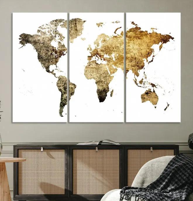 The World Map Wall Art Canvas Print is a triptych piece with a vintage texture crafted on museum-quality canvas and ready to hang.