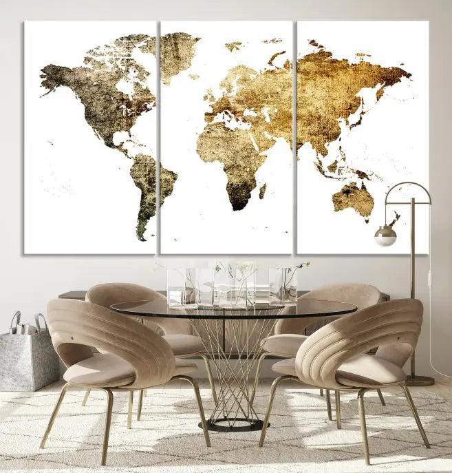 The World Map Wall Art Canvas Print is a triptych piece with a vintage texture crafted on museum-quality canvas and ready to hang.