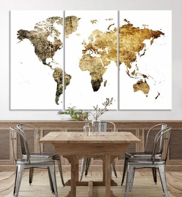 The World Map Wall Art Canvas Print is a triptych piece with a vintage texture crafted on museum-quality canvas and ready to hang.