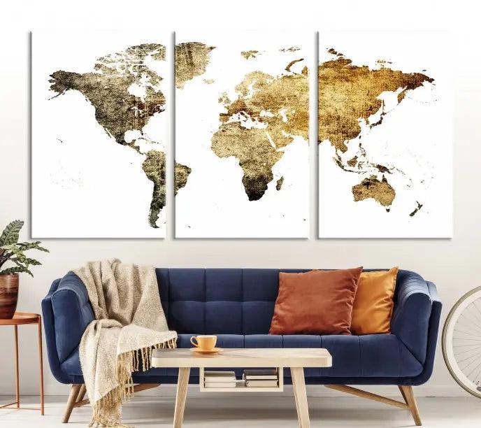 The World Map Wall Art Canvas Print is a triptych piece with a vintage texture crafted on museum-quality canvas and ready to hang.