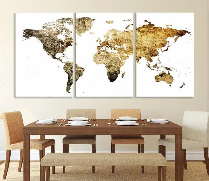 The World Map Wall Art Canvas Print is a triptych piece with a vintage texture crafted on museum-quality canvas and ready to hang.