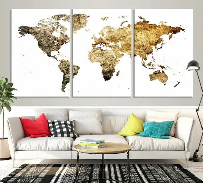 The World Map Wall Art Canvas Print is a triptych piece with a vintage texture crafted on museum-quality canvas and ready to hang.