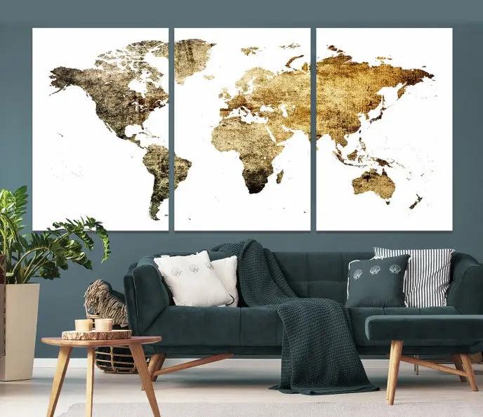 The World Map Wall Art Canvas Print is a triptych piece with a vintage texture crafted on museum-quality canvas and ready to hang.