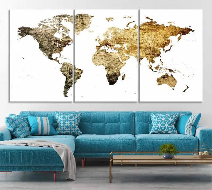 The World Map Wall Art Canvas Print is a triptych piece with a vintage texture crafted on museum-quality canvas and ready to hang.