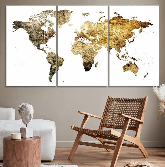 The World Map Wall Art Canvas Print is a triptych piece with a vintage texture crafted on museum-quality canvas and ready to hang.