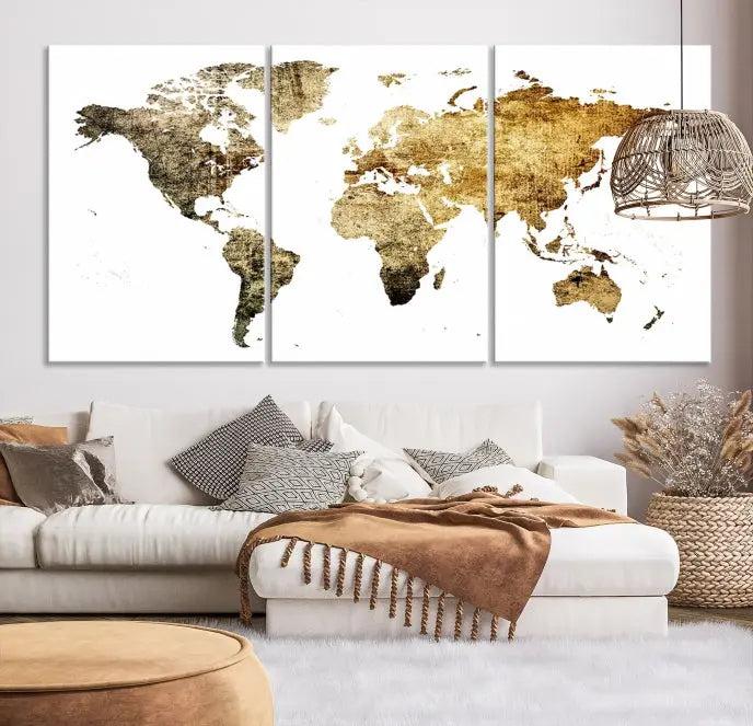 The World Map Wall Art Canvas Print is a triptych piece with a vintage texture crafted on museum-quality canvas and ready to hang.