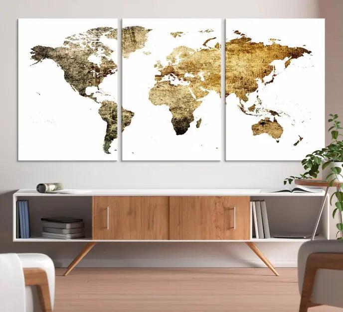 The World Map Wall Art Canvas Print is a triptych piece with a vintage texture crafted on museum-quality canvas and ready to hang.