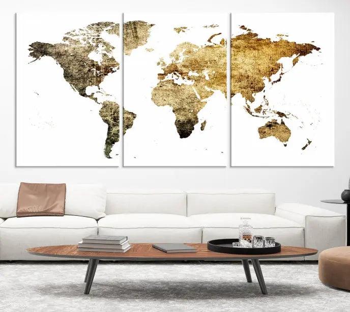 The World Map Wall Art Canvas Print is a triptych piece with a vintage texture crafted on museum-quality canvas and ready to hang.