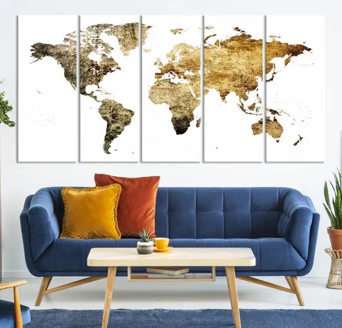 The World Map Wall Art Canvas Print is a triptych piece with a vintage texture crafted on museum-quality canvas and ready to hang.