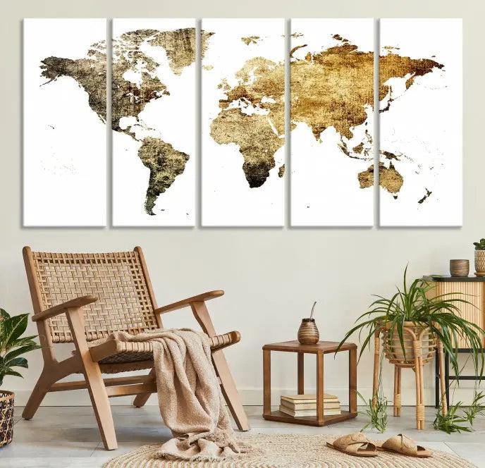 The World Map Wall Art Canvas Print is a triptych piece with a vintage texture crafted on museum-quality canvas and ready to hang.