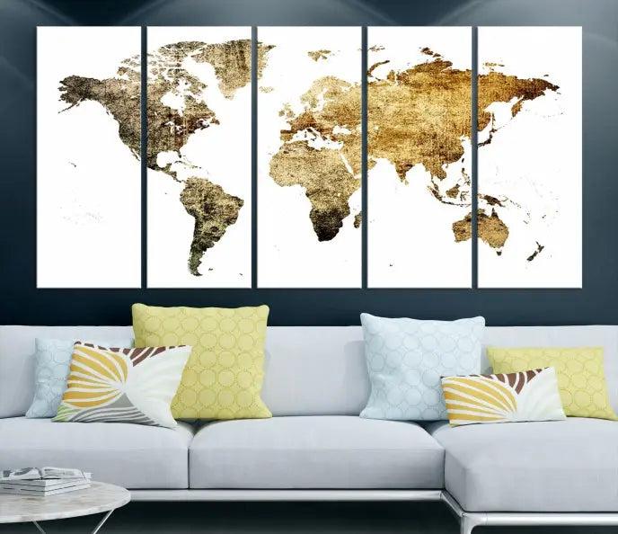 The World Map Wall Art Canvas Print is a triptych piece with a vintage texture crafted on museum-quality canvas and ready to hang.